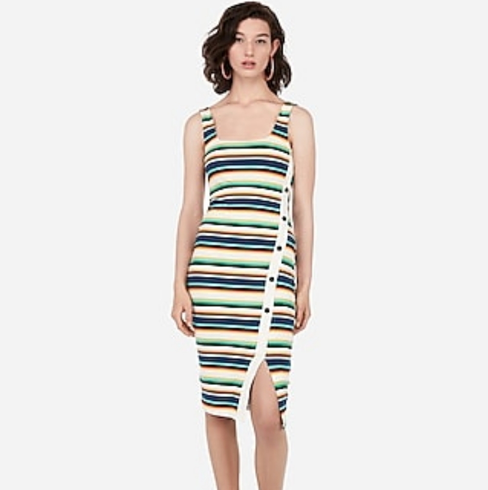 Express Striped Asymmetrical Button Front Midi
